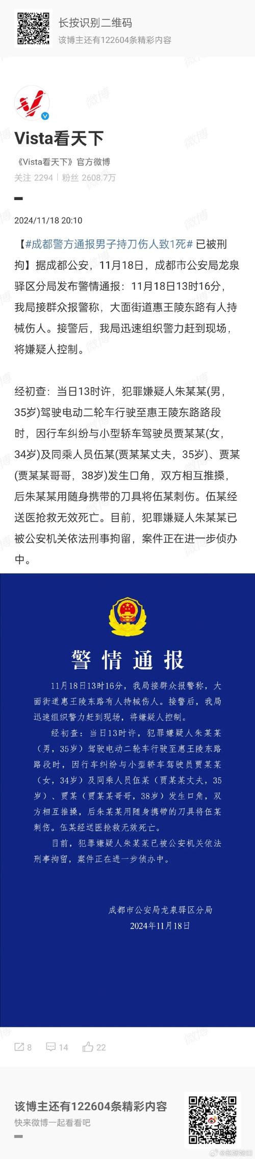 因感情纠纷引发两男子矛盾一人身亡,成都警方通报