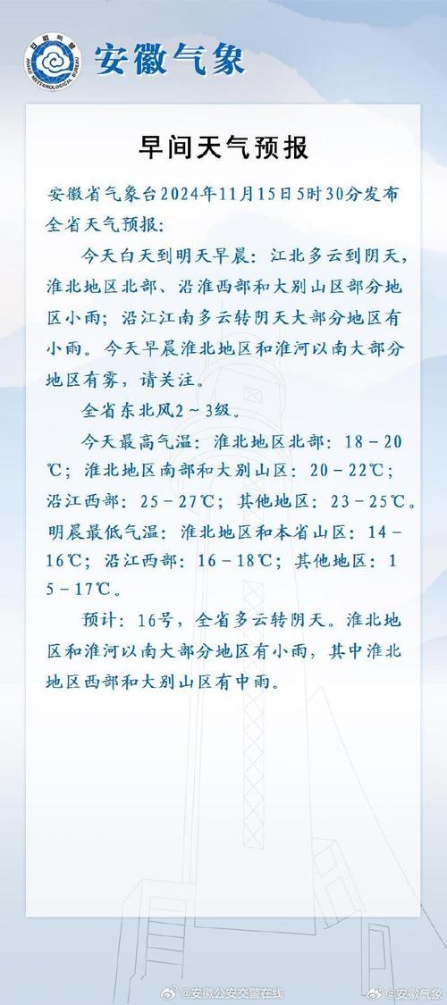 未来几天安徽多降水 17-18日受冷空气影响气温下降6~8℃